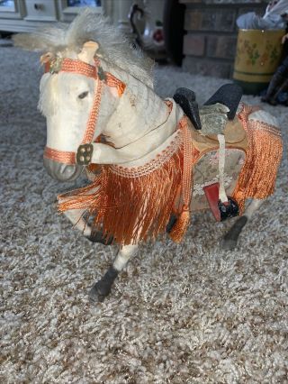Vintage Japan Samurai Horse For Doll White Paper Mache Composition Glass Eyes