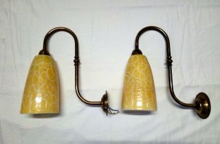 2 X Vintage Northern Lights Single Arm Swan Neck Wall Lights.  Mottled Glass Shade