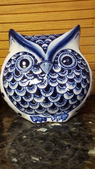 One Only 6 " T X 6,  " W Owl Shaped Delft Style Cobalt Blue White Figurine Flowers