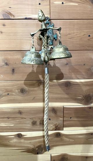 Vintage Brass Hanging Ring Bell with Pull Chain Hanging Door Shop Wall Mount 2