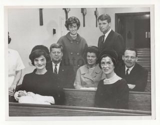 John F.  Kennedy & Jackie At Jfk Jr.  Christening - Vintage Press Photograph