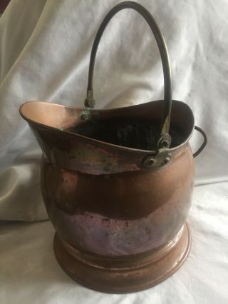 Vintage Antique Copper Coal Scuttle Bucket Brass Handles Log Fireside Scuttle