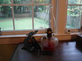 Antique Hobnail Oil Lamp And Black Cast Iron Wall Holder And Bracket