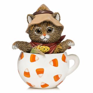 Corny And Cute Cat / Kitten In A Teacup Scarecrow Candy Corn Figurine
