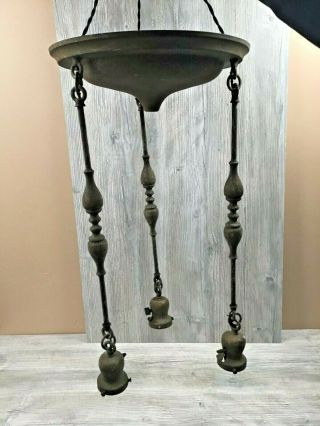 Vintage Hanging 3 Lamp Ceiling Light Fixture Long Arms Brass Goldtone Chandelier