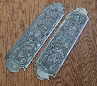 Pair Intricate Nickel - Plated Arts & Crafts Door Plates - Circa 1900
