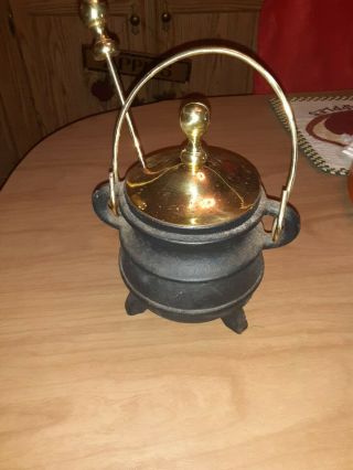 Vintage Antique Cast Iron Fire Starter Smudge Pot Pumice Rod Brass Lid W Extra