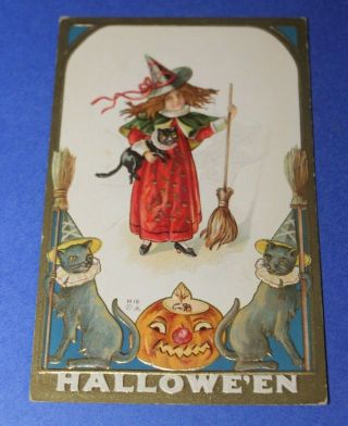 Antique Embossed Halloween Postcard - Witch W/ Broom & Black Cat Jack - O - Lantern