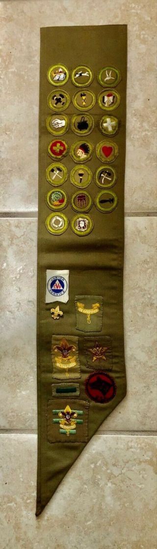 Vintage Boy Scout Merit Sash With 20 Merit Badges And Various Other Patches