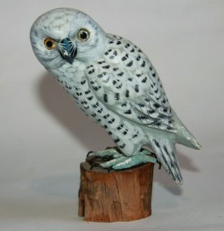 Vtg Hand Carved & Painted Wood White Owl Bird Figurine Sculpture Folk Art Gift