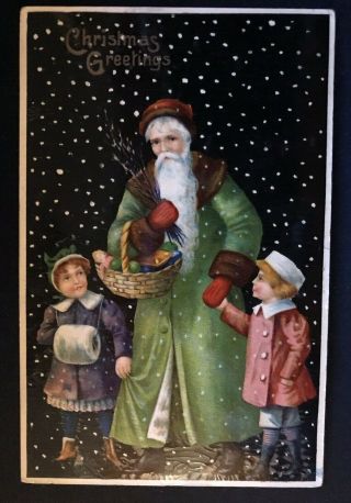 Long Green Robe Santa Claus With Children Snow Antique Christmas Postcard - C - 346