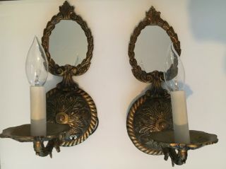 Pair Vintage Ornate Brass Wall Sconces /lights W/ Mirrored Top & Prisms