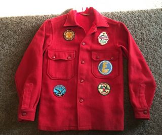 Vintage Men’s Red Wool Boy Scouts Of America Jacket Shirt Patches Iowa Illinois