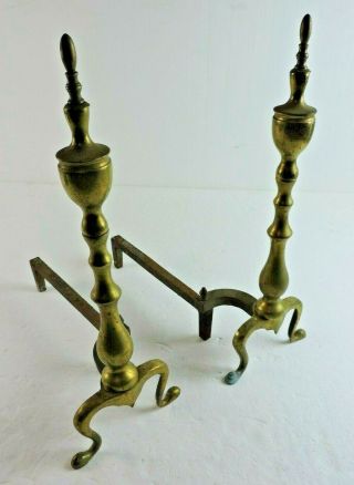 Vintage Set Of 2 Brass Colored Fireplace Andirons With Cast Iron Structure