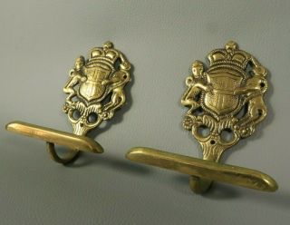 Antique Pair Solid Brass Ornate Coat Of Arms Wall Coat Rack Hooks England