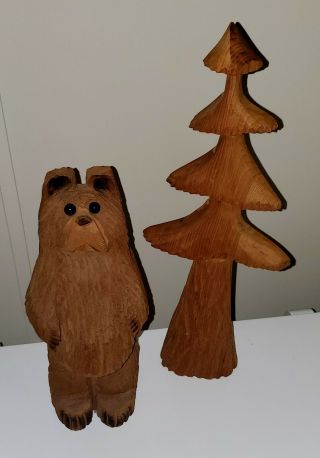 Large Vintage Hand Carved Solid Wood Wooden Bear & Pine Tree