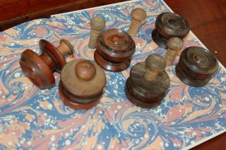 6 Antique Victorian Turned Mahogany Drawer Pull Knobs,  With Oak Screw Shaft