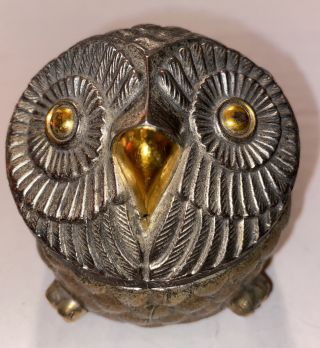 Rare Vintage Mid Century Brass Metal Owl Hinged Lid Music Box Boho Mcm Gift