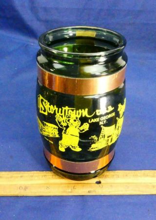 Vtg Storytown Usa Lake George Ny Souvenir Green Glass Barrel Mug Wood Handle