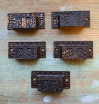 5 Matching Ornate Victorian Eastlake Antique Iron Drawer Bin Pulls Floral Design