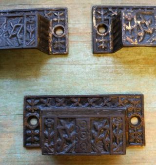 5 Matching Ornate Victorian Eastlake Antique Iron Drawer Bin Pulls Floral Design 2
