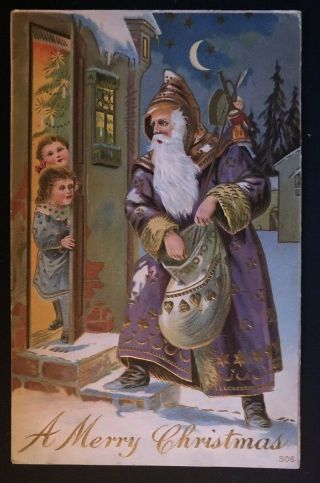Long Purple Robe Santa Claus With Children Antique Christmas Postcard - C307