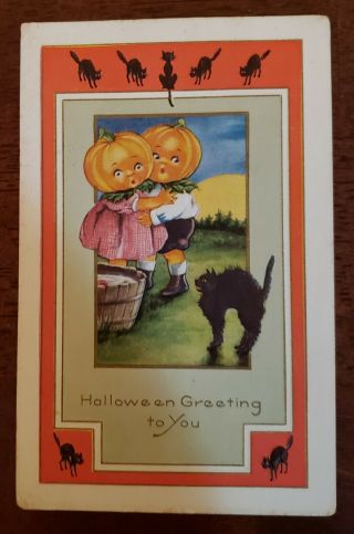 Whitney Halloween Postcard Pumpkin Head Girl Boy And Scary Black Cat