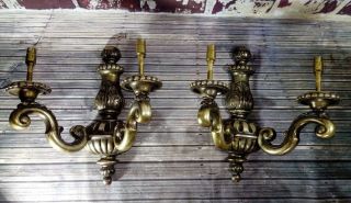 Pair Antique Vintage Gold Hand Painted Carved Wooden Wall Sconce Light Rococo