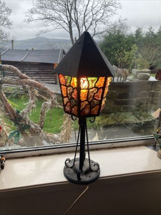 Vintage Peter Marsh Style Rock Glass Lantern Lamp Wrought Iron