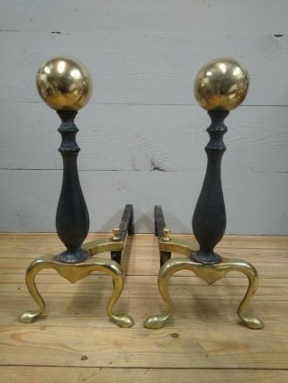 Vintage Pair Cast Iron With Brass Ball Andirons Firedogs Fireplace Log Holders