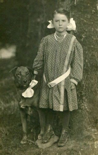 Rppc Prize Dog W Big Bow & Girl W Hair Bows Antique Real Photo Postcard C 1910