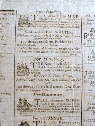 1799 Boston Massachusetts Newspaper With 9 Illustrated Sailing Ship Ads