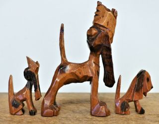 Vintage Set 3 Wood Carved Folk Art Carvings Blood Hound Dog Miniature Pa