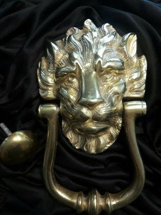 Vintage Large Solid Brass Lion Head Door Knocker With Strike Plate