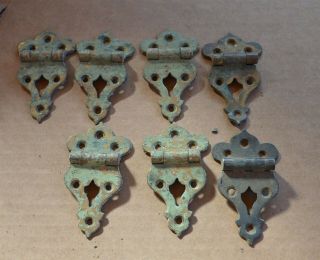 7 Matched Brass Antique Ice Box Hinges Shaped Cut - Out Center