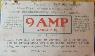 9amp Aneta,  Nd Ham Radio Antique 1924 Qsl Card North Dakota H.  Haraldson