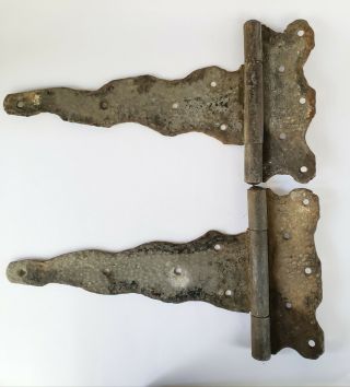 Antique Vintage Wrought Iron Gate Barn Door Hinge Pair Hammered Metal Old Parts