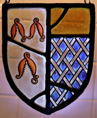 Stained Glass Armorial Plaque From A Larger Panel With Hanging Chain 4 3/4x6ins.