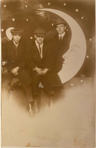 Real Photo Postcard Rppc Three Men On Paper Moon Studio Prop Minnesota