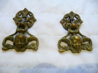 Antique Pair 19th Century French Brass Cherub Drop Draw Handles Pulls Chest Old