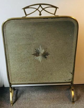 Antique Victorian Starburst Etched Bevelled Mirror Fire Screen Brass Mount