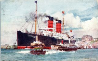 Postcard Rms Campania Cunard Line Steamship Ocean Liner Queenstown Harbor C1905