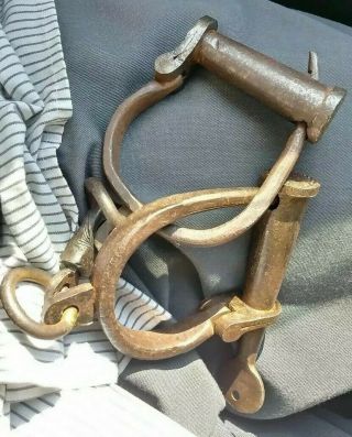Cast Iron Shackles /prisoners Handcuff Rusted Stamped With Match Key.
