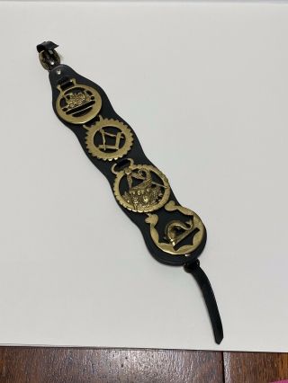 4 Vintage Brass Horse Medallion Saddle Leather Harness Bridle Masonic Train Fish
