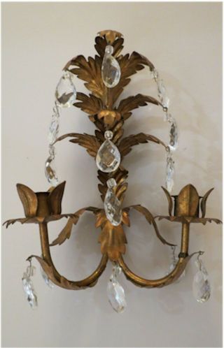 Vintage Gold Gilded Metal Double Candleholder Crystal Prisms Wall Sconce
