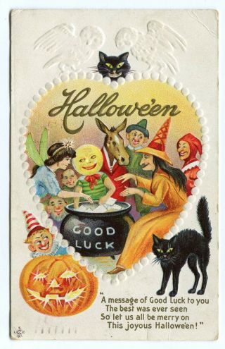 Antique Halloween Postcard Embossed Witch Jol Black Cat Cauldron Stecher 1911