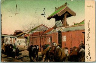 Peking Beijing China Postcard Camels / Street Scene Hand - Colored / 1906 Cancel