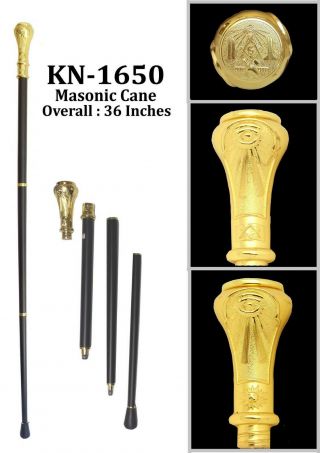 Masonic Walking Stick Master Mason Travel Cane W/ Solid Metal Handle Gold C