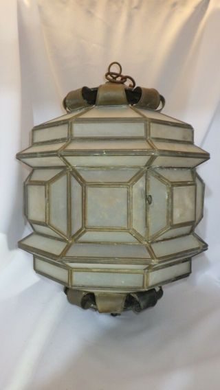 Vintage Brass Frame & Frosted Glass Panels Ceiling Light Fixture Art Deco Style