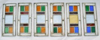 6 X Antique Multi Coloured Leaded Stained Glass Window Panels Approx 9 1/8 " X 4 "